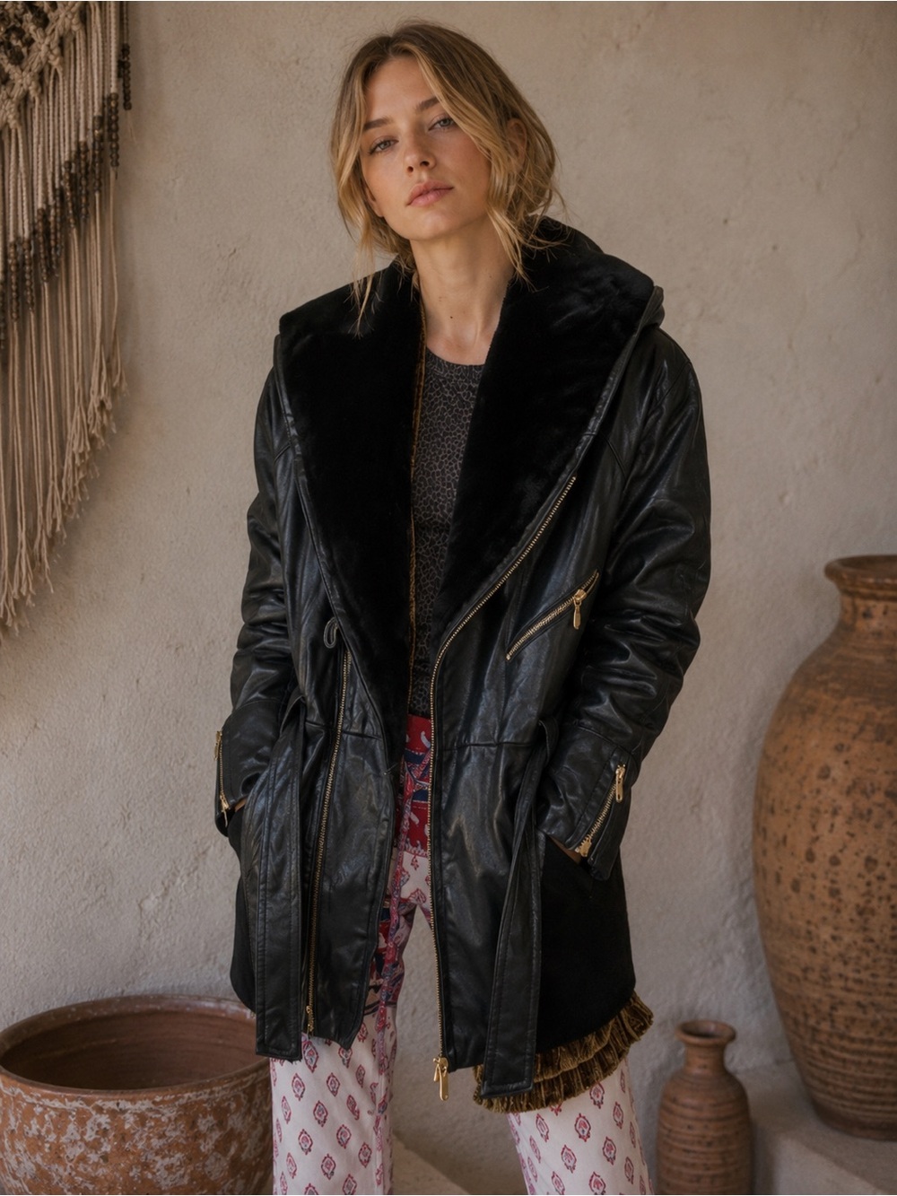 Vintage 80’s Women’s MS Maxima Black Genuine Leather Belted Faux Fur Trim Coat